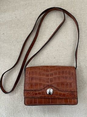 Brown Croc-Embossed Leather Crossbody Bag with Silver-Tone Closure